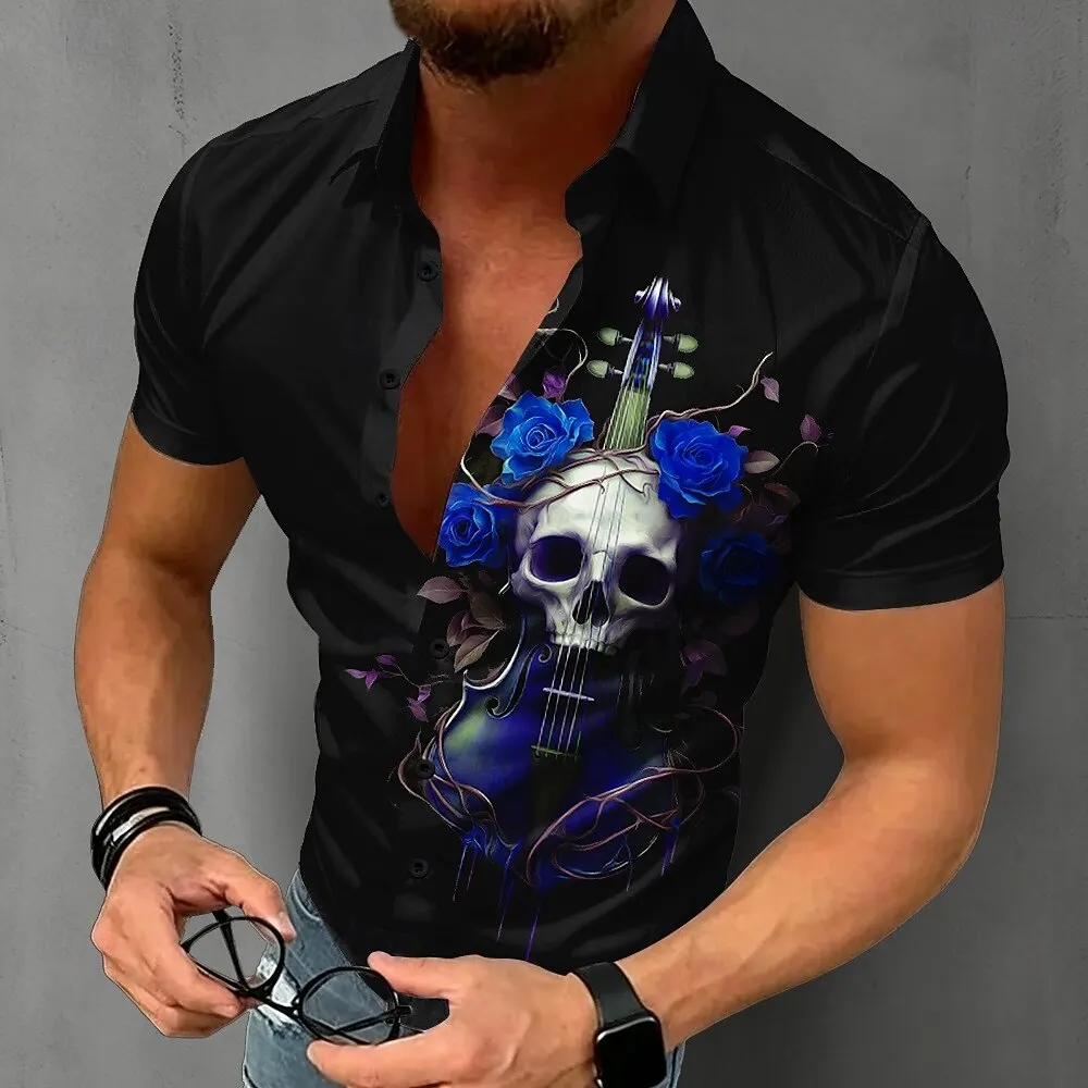 Men's Gothic Skull Shirt Short Sleeve Violin Rose Graphic Tops Black Button Down Punk Rock Summer Fashion Clothing New