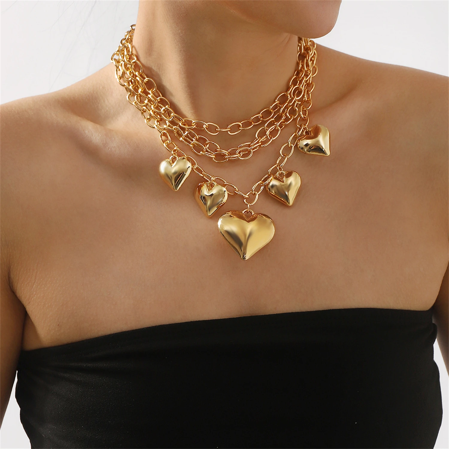 

WAKA Bold Women’s Heart Pendant Layered Chain Necklace Statement Chunky Link Choker Fashion Jewelry Adjustable Party Gift
