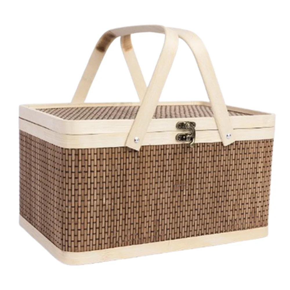

Festival Packaging Box Vintage Bamboo Basket Chinese Style Natural Moon Cake Box with Lid Handheld Egg Container Home Decor