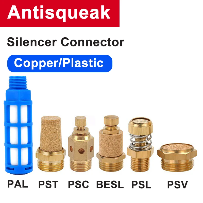 6 Válvulas Solenoides Neumáticas PST/PSV/BES de Cobre/Plástico con Silenciador de Cobre, Rosca 1/8" 1/4" 3/8" 1/2" y Ventilación de Escape