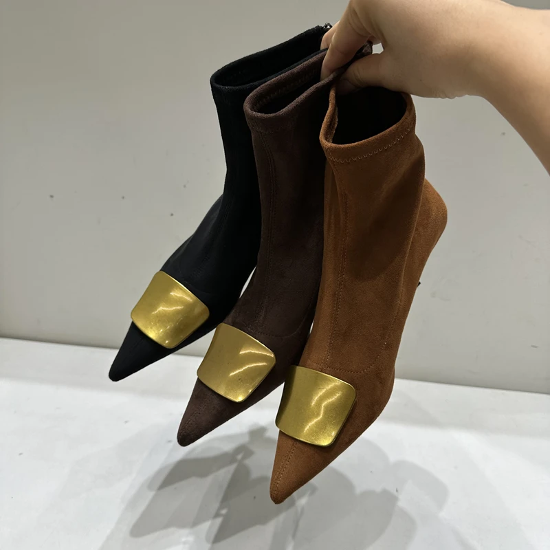 

SUOJIALUN 2025 New Brand Women Short Boots Fashion Gold Buckle Ladies Elegant Ankle Boots Thin High Heel Pointed Toe Pumps Shoes