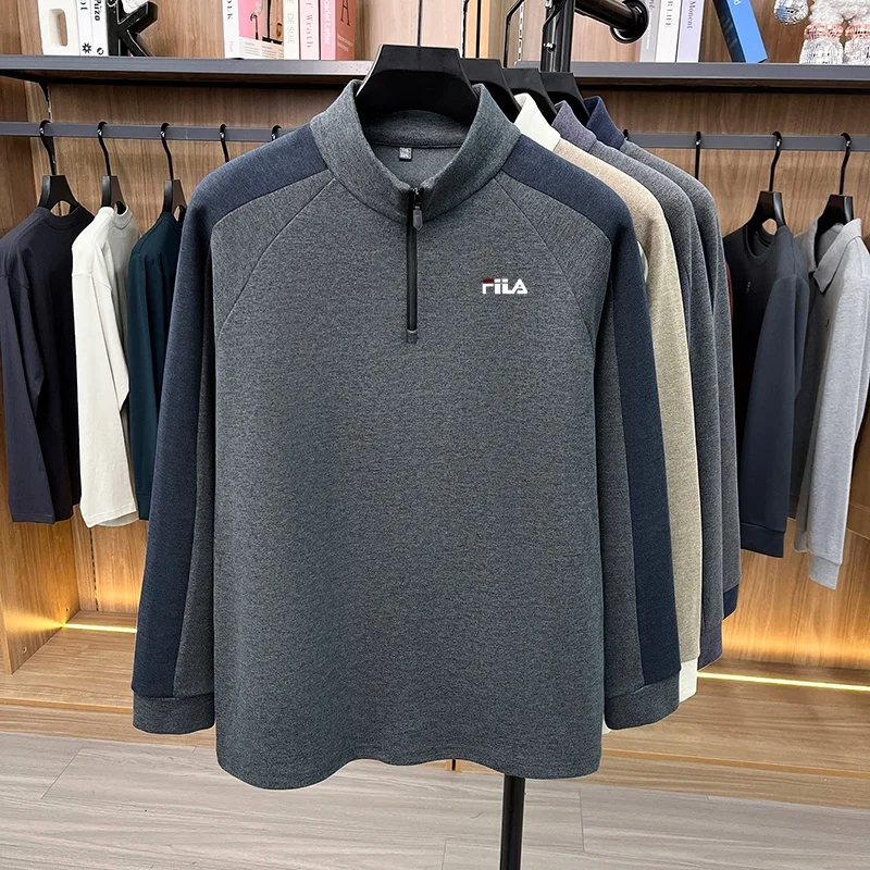 Trendiges T-Shirt mit halbem Reißverschluss und Stehkragen, bedruckt, Herbst-Winter, winddicht, warm, Farbblock-Design, langärmelig, Business-Casual-Herrenbekleidung – Detail 3