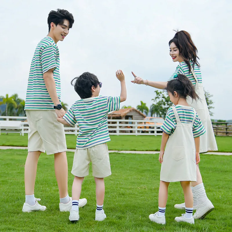 Family Matching Couple Clothing Mom Daughter Strap Dress Dad Son T Shirts Set Korean Parent-child Clothes Sister Brother Outfits