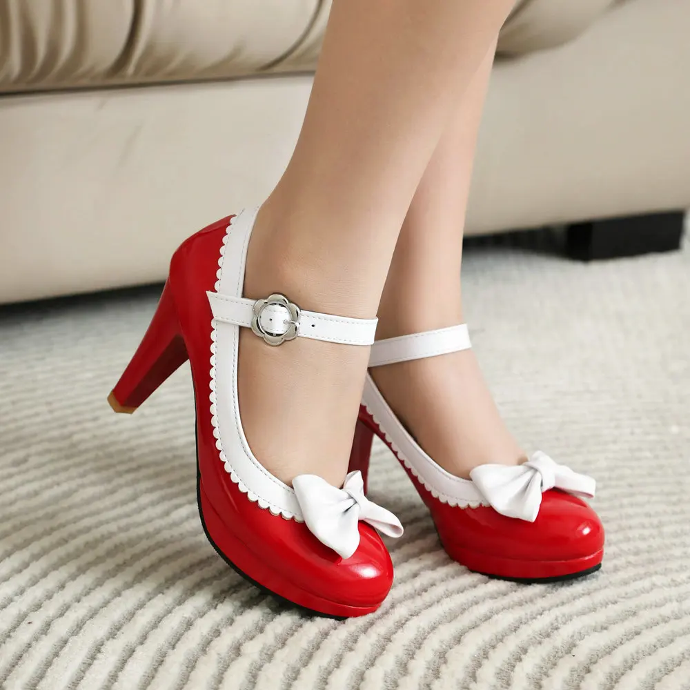 Cute Bow Patent Leather Mary Janes Shoes Women Dress Platform Strappy 9.5CM High Heels Princess Cosplay Kawaii Pumps Dropship