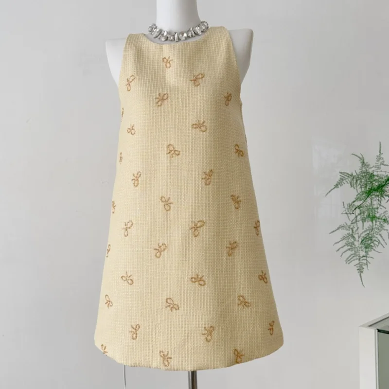 

Bow Sleeveless Vest Round Neck Small Fragrance Dress Women Summer Sweet Simple Wild Kawaii Yellow Short Dress Female