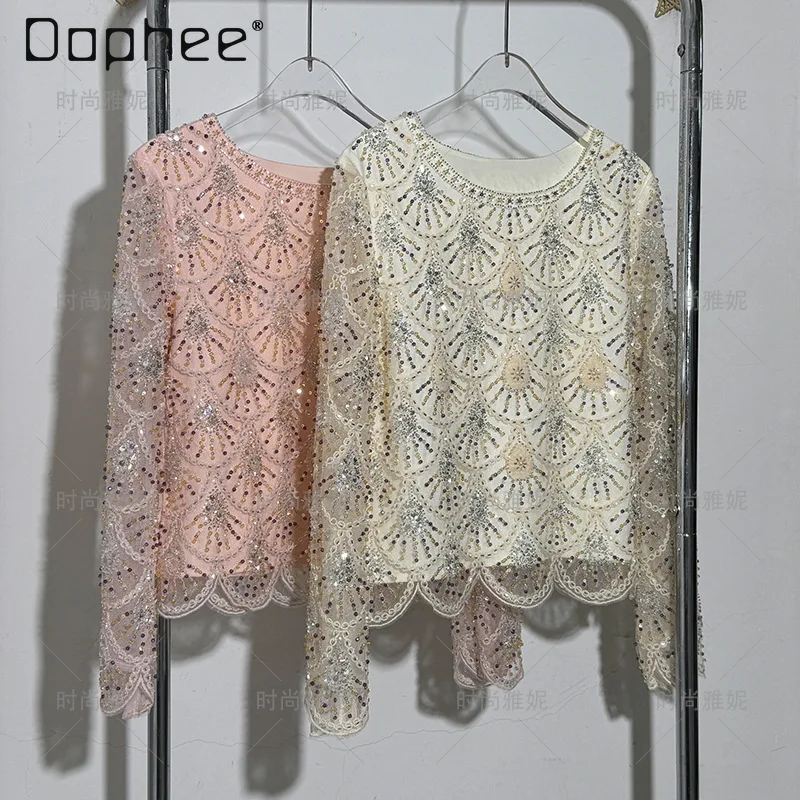 

European New French Temperament Celebrity Luxury Top Women Heavy Industry Beaded Rhinestone Embroidered Long-sleeved T-shirt