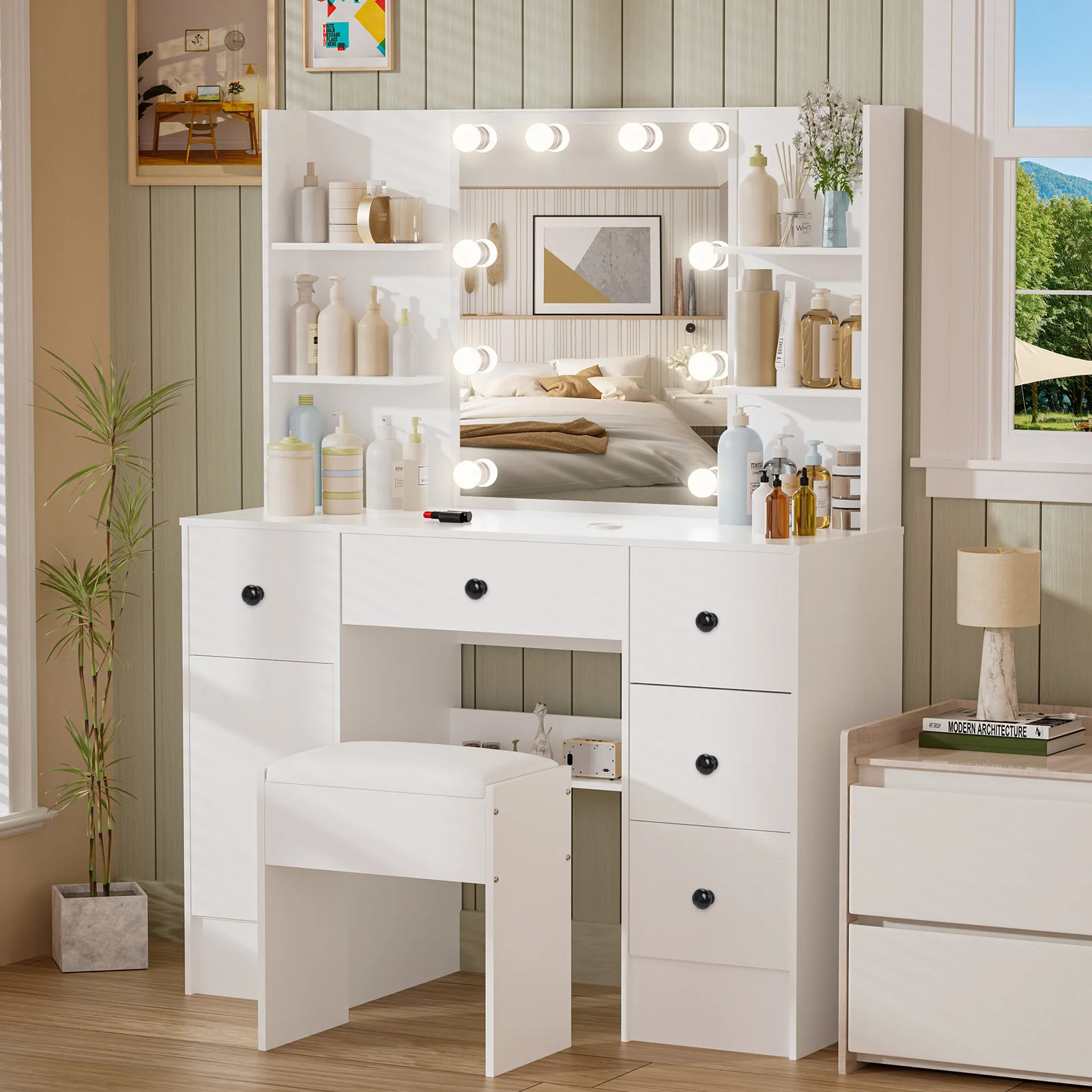 Teousev White Modern Vanity Set with 10 LED Lighted Mirror 5 Drawers & Stool 3 Color Dimmable Easy Assembly Bedroom Dressers image 3