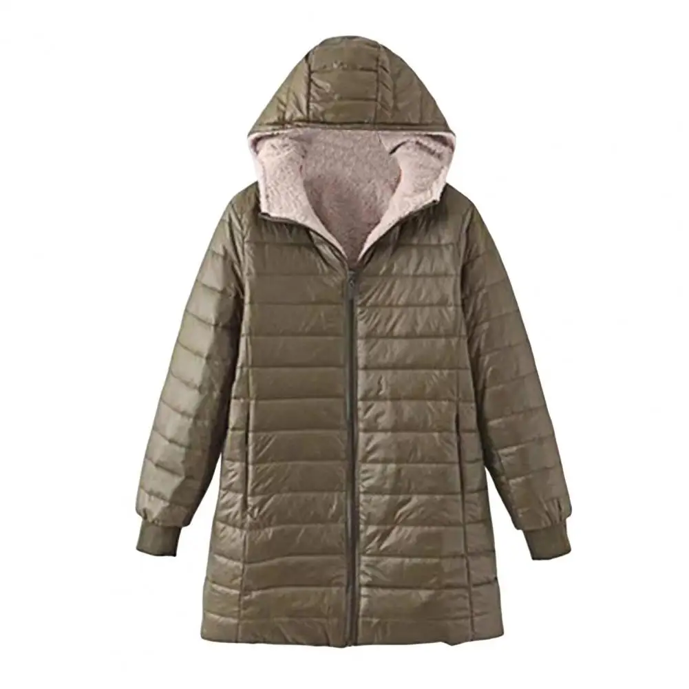 Winter Women Down Coat Padded Plush Hood Zipper Windproof Long Sleeves Pockets Warm Outwear Jacket