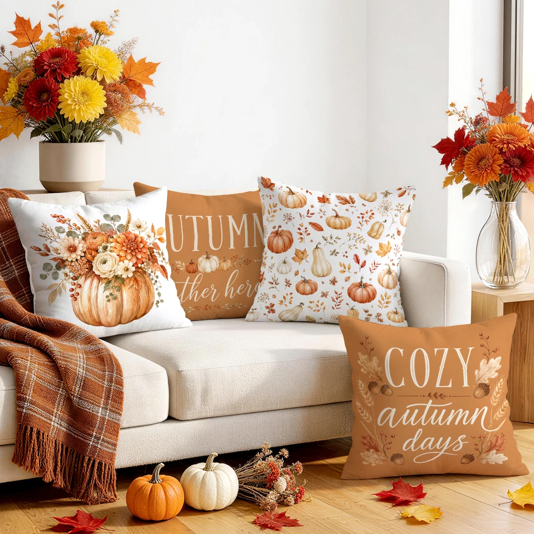 Watercolor Autumn Pumpkin Bouquet Cushions Pillowcase Polyester Cushion Cover Throw Pillow Pillowcover Home Car Sofa Decor