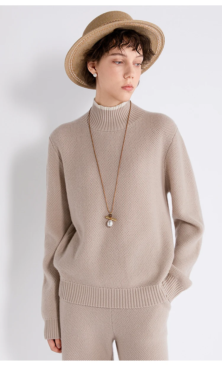 TX862184 Damen-Woll-Kaschmir-Mischung Pullover mit Stehkragen, geripptem Saum, entspannter Passform, LP Quiet Luxury, Frühherbst – Detail 3