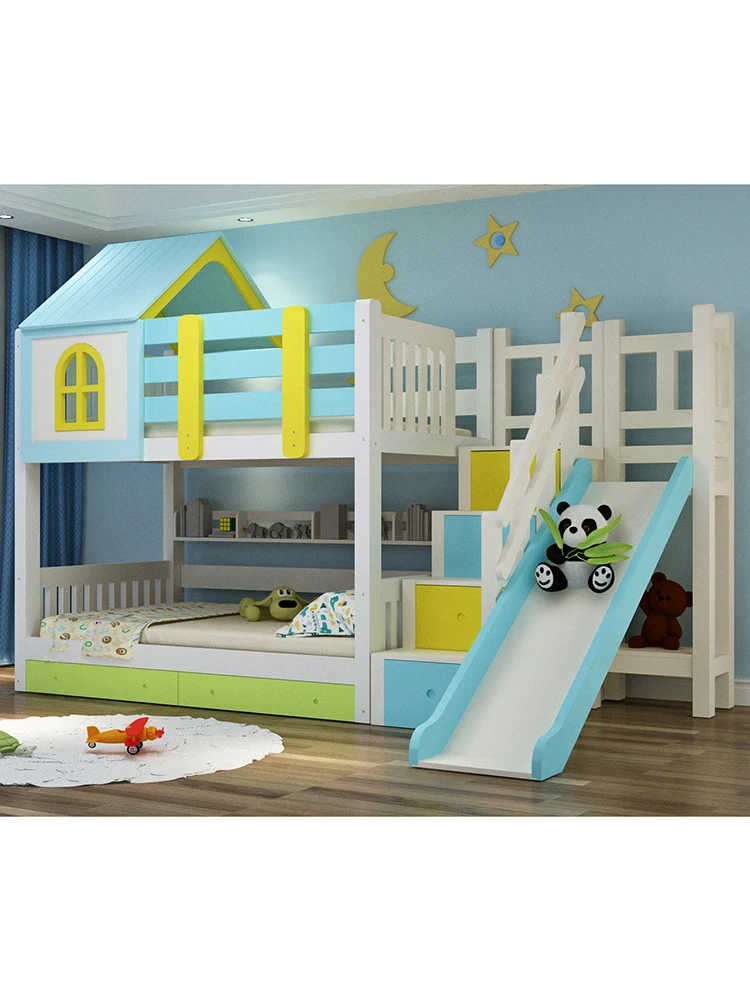 High and low beds Full solid wood bunk  Double children's Mother and child Girl castle hut Slide  Princess