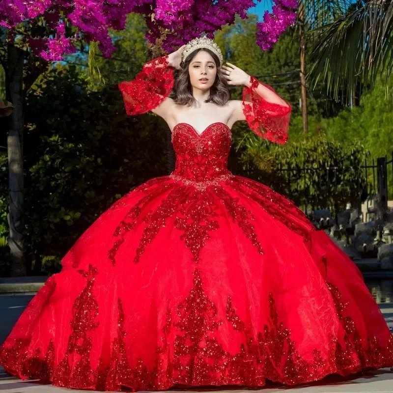 ANGELSBRIDEP-Vestidos Quinceanera com mangas removíveis, vestido vermelho escuro mexicano, doce Applique de lantejoulas, 16 vestido, 15 anos