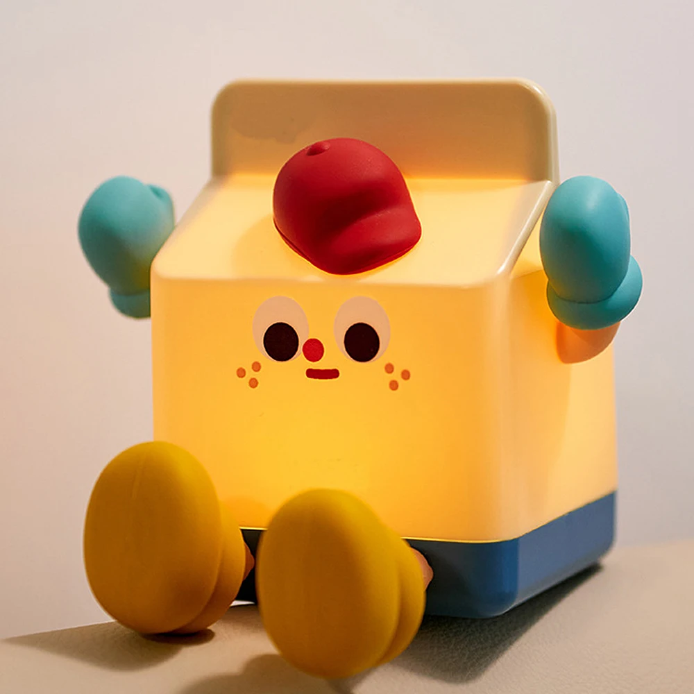 Luz de ambiente de cartón de leche de dibujos animados, luz de lectura LED, luz de noche para dormitorio infantil, Interruptor táctil, luz USB
