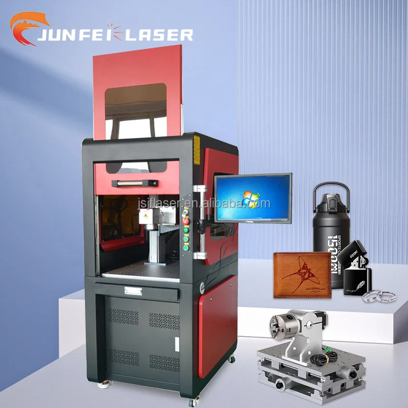 JUNFEI Full Eclosed Laser Marking Machines 20W 30W 50W 100W Versatility Intricate Patterns For Metal Car Projects