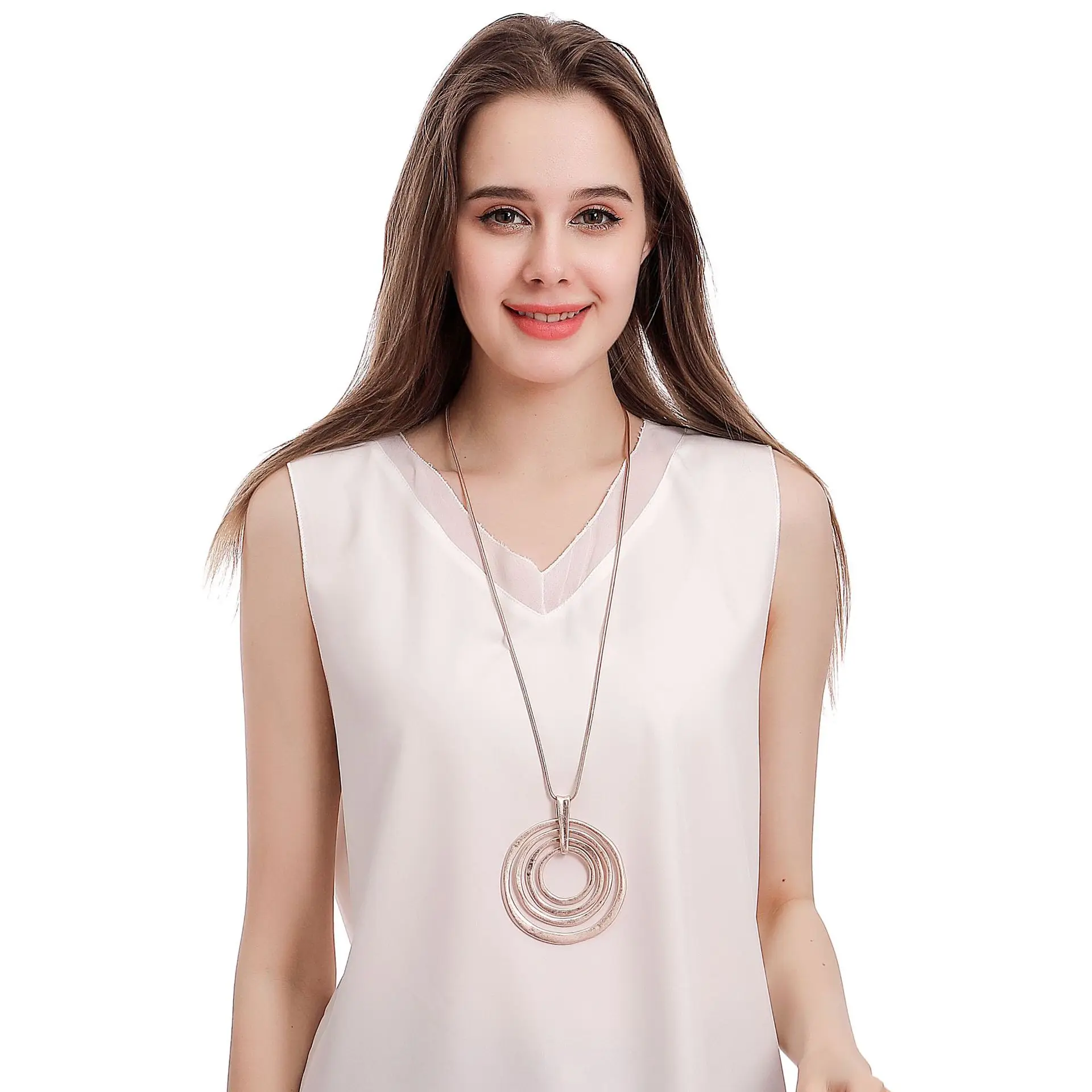 Kaseakia Silver Rose Gold Hoop Metal Pendant Sweater Chain Long Necklace for Women Fashion