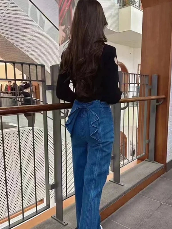 

Retro High Waist Slimming Denim Pants with Knot Straight Leg Unique Personali Wide Leg Pants for Women Trendy Cas...