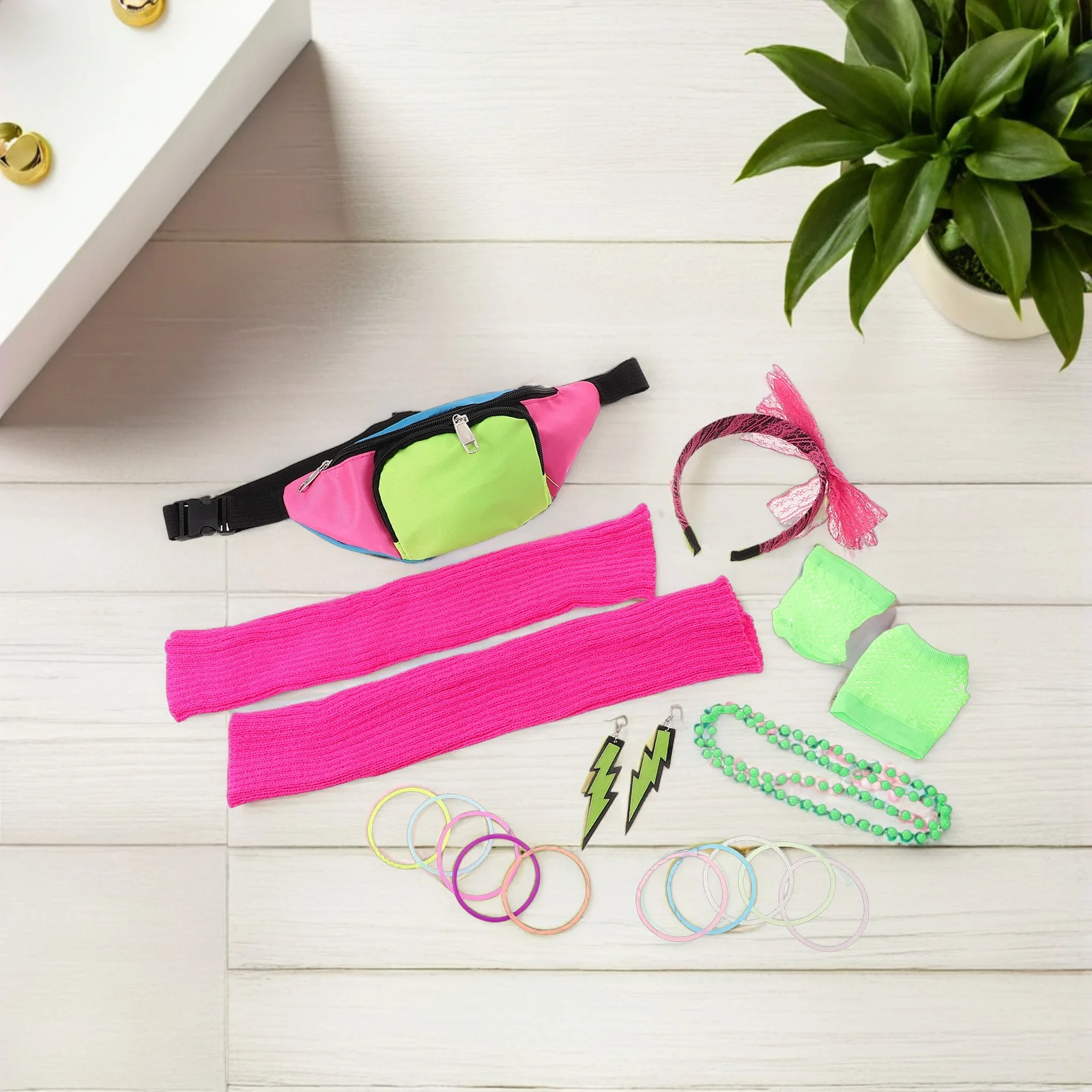 Set de 19 Accesorios de Fiesta Neón, Joyería Retro Clásica de los 80, Riñonera, Pendientes, Diadema, Pulseras, Calentadores de Piernas para Mujer