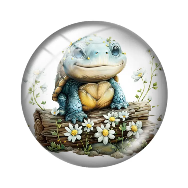 Cute Turtle on a Log with Flowers 12mm/16mm/18mm/20mm/25mm Round photo glass cabochon demo flat back Making findings keychain