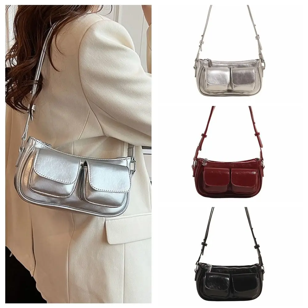 

Y2K Pocket Shoulder Bag Zipper Adjustable Shoulder Strap PU Leather Underarm Bag Solid Color Korean Style Women Handbag Girls