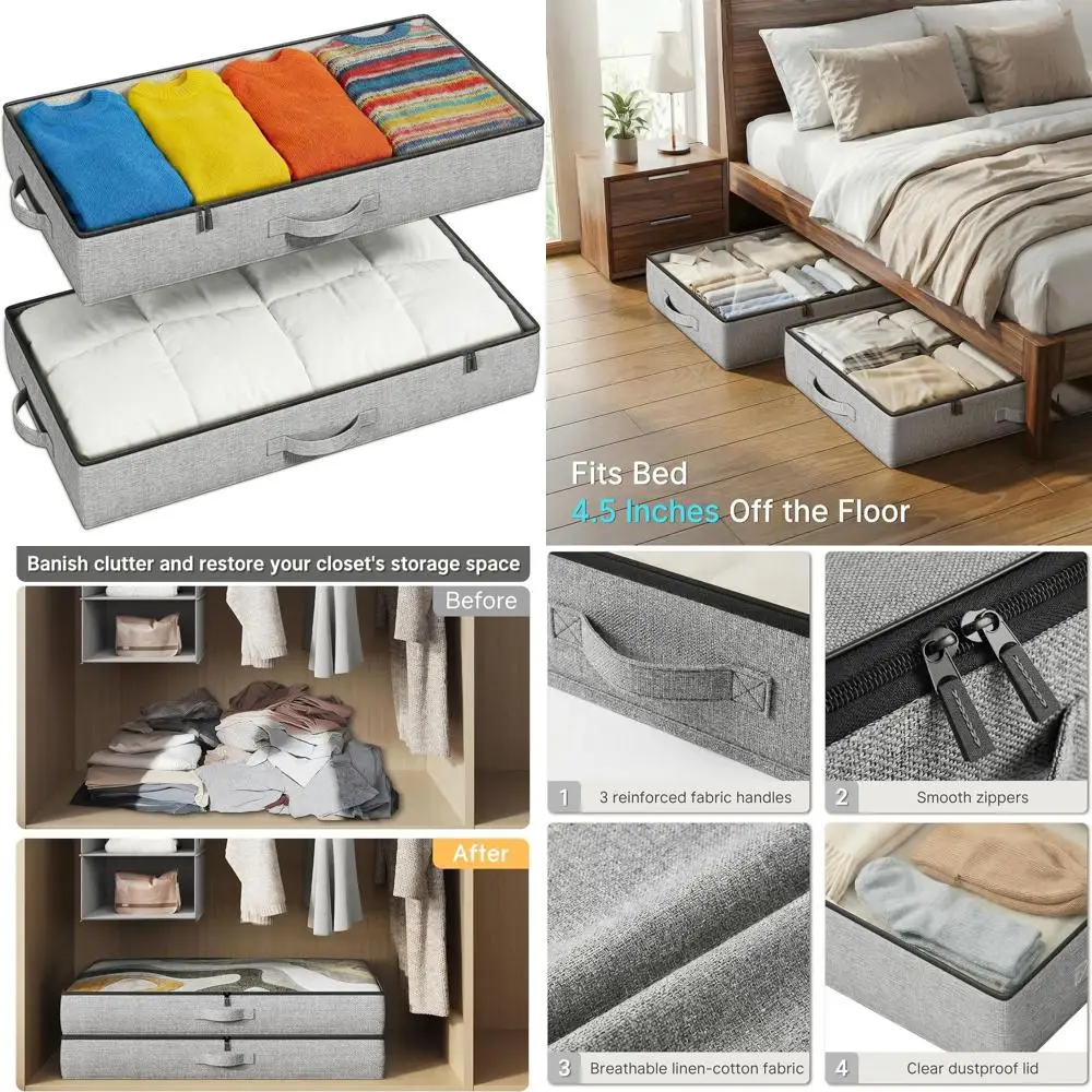 

Compact Dual Underbed Storage Boxes - 4.5 Tall Low Profile Organizers for Clothes & Linens