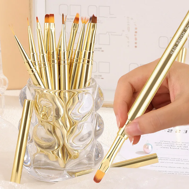 1/11PCS Golden Metal Rod Nail Art Pen Brush Coloring Large Square Round Light Therapy Pen Halo Pen Nail Drawing Pen Flower Pen