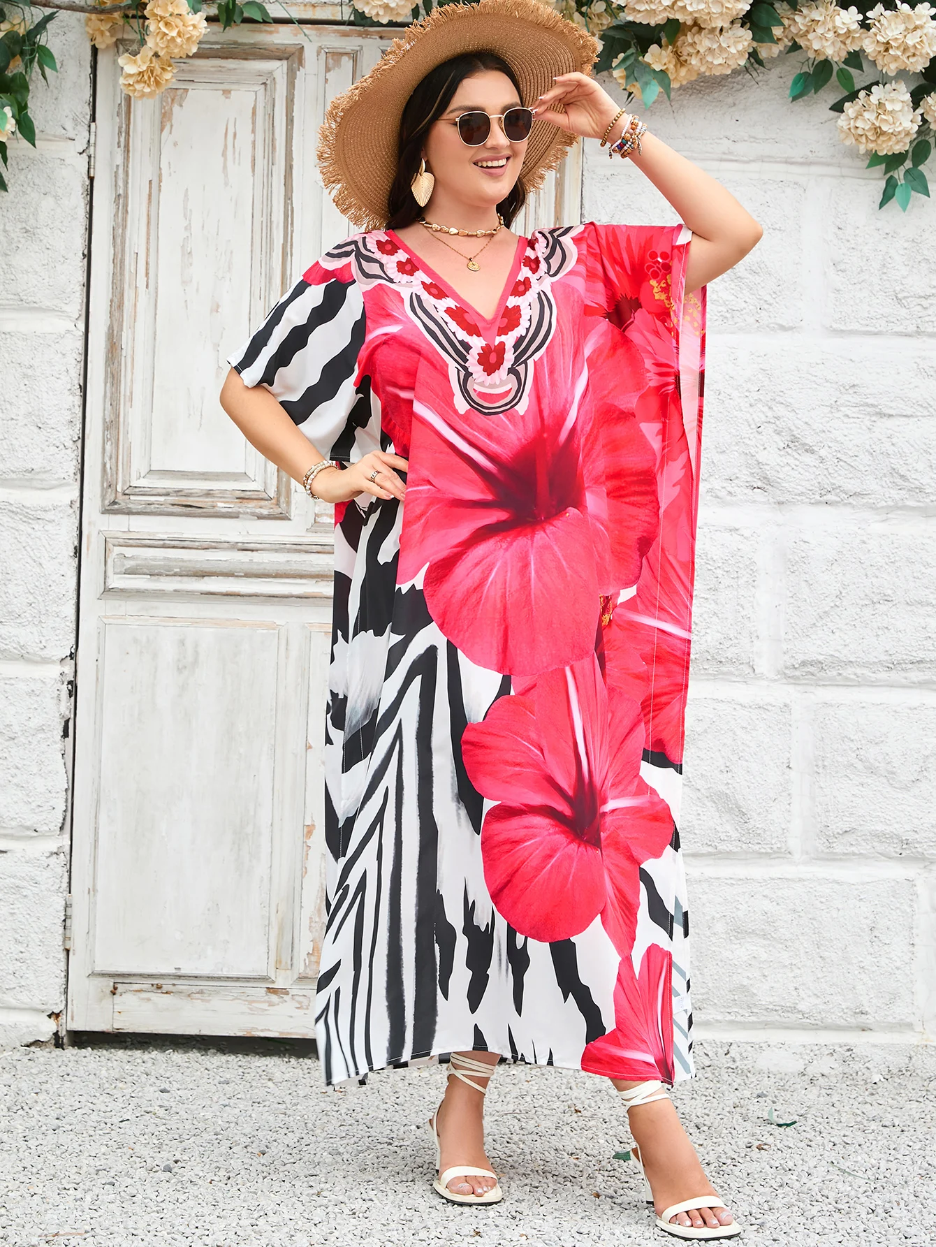 Sukienki kaftan dla kobiet plus size, narzutka na strój kąpielowy, sukienka z dekoltem w serek, rękaw nietoperz, luźny krój, marokański kaftan, sukienki mumu.