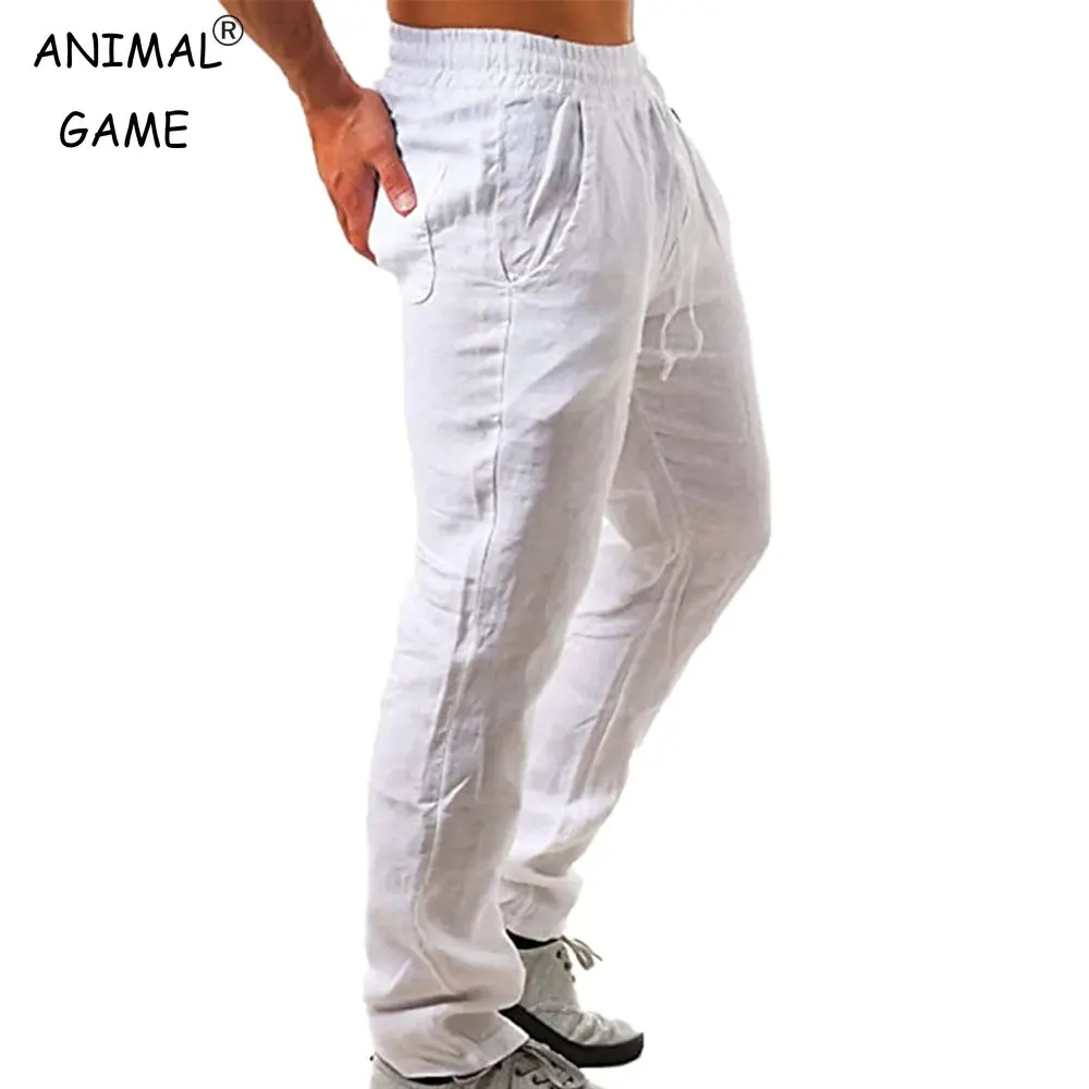 Korean Men's Comfortable Linen Pants  Autumn New Breathable Solid Color Pants Fitness Beach Pants Streetwear