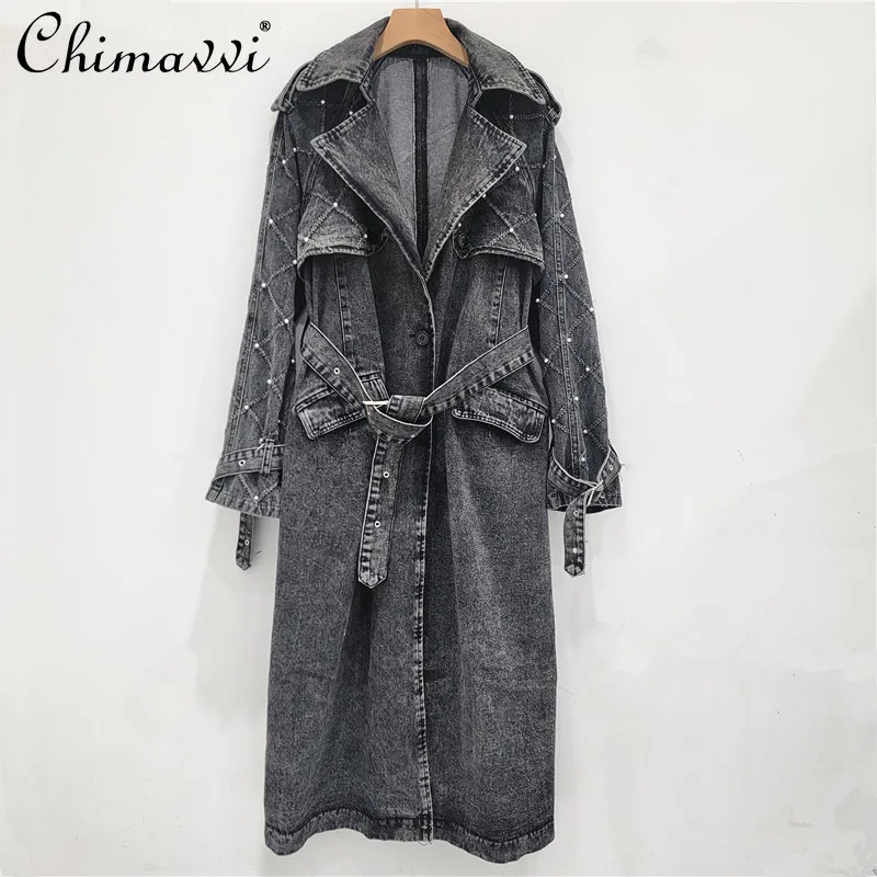 Autumn and Winter New Heavy Gray Washed Denim Trench Coat Fashion Handmade Pearl Retro Style Belt Design Temperament Long Coats