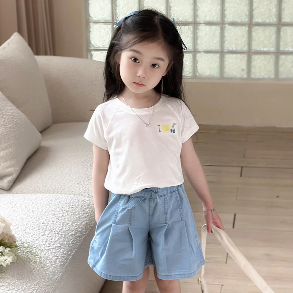 

summer baby clothes kids girls tops Simple girls' summer T-shirt Cherry embroidery white short-sleeved T-shirt