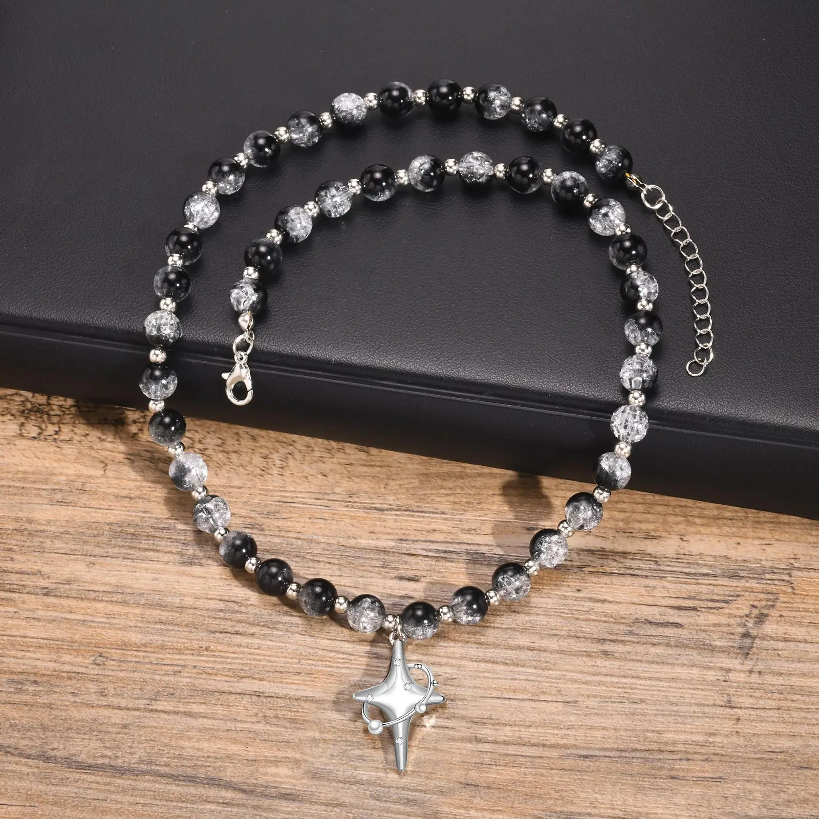 Vnox Unisex Cool Punk Star Pendant Necklace,glacier crack beads Chain Collar ,Goth Necklace,Y2k Aesthetic Star Necklaces Gift