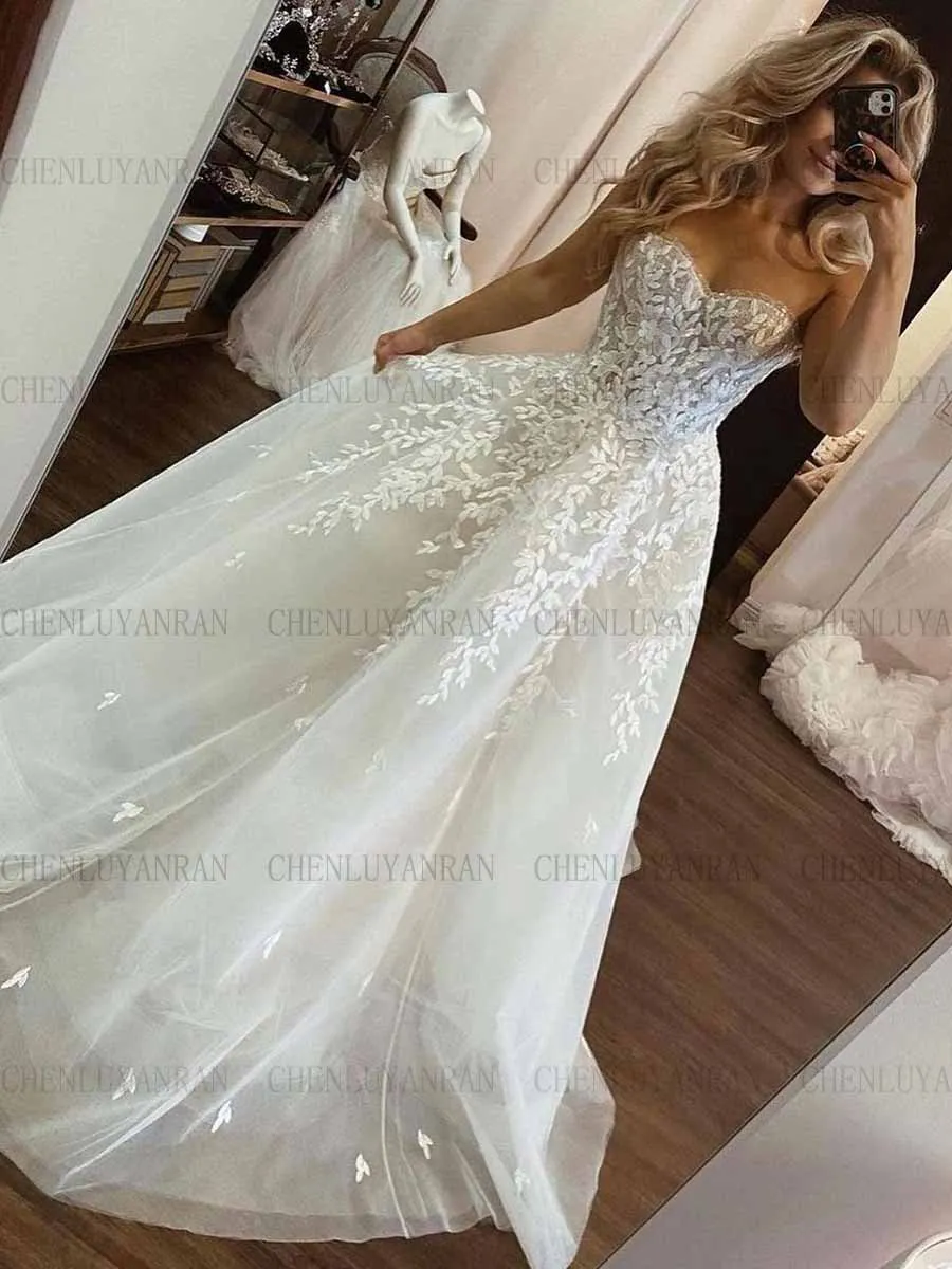 Strapless Sexy Wedding Dresses For Women Applique A-Line Long Wedding Dress Glitter Elegant Dresses For Women فستان حفلات الزفاف