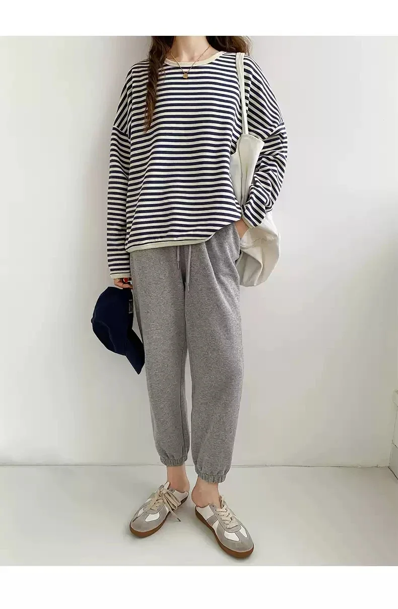 2023 spring and autumn new Korean version casual lazy style pullover striped sweater women\'s loose top coat