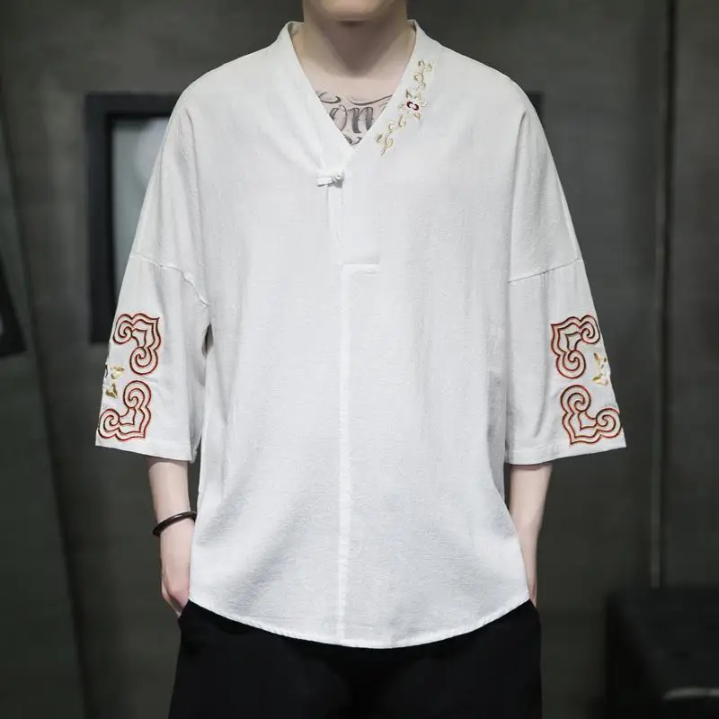 Men\'s Clothing Summer Vintage Embroidery Tang Suit Chinese Style V Neck Cotton Linen T-shirts Male Casual Loose 3/4 Sleeve Tops