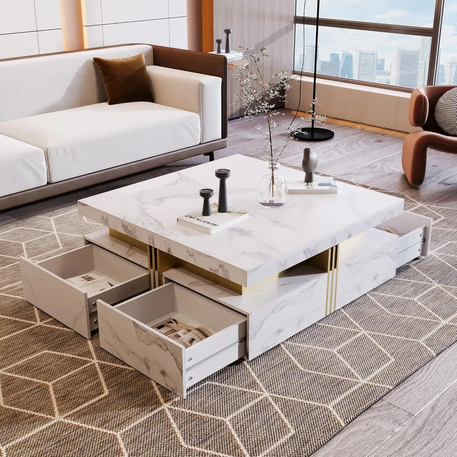 

White Coffee Table For Living Room, Modern Square Design With Storage Marbling