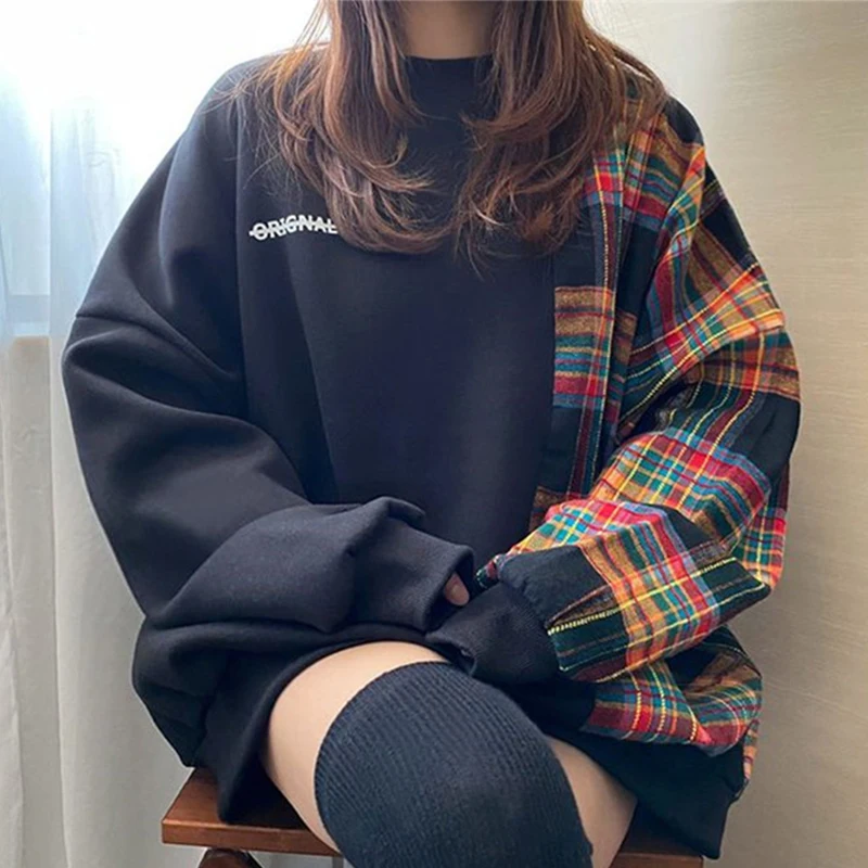 Chic round Neck Plaid Letter Print Loose Bubble Sleeve Hoodie Women's Korean Style Commute Wind Mid-Length Casual Sweatshirt
