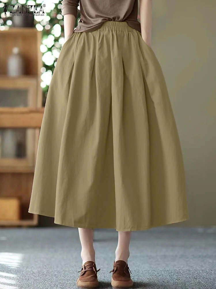 

2025 ZANZEA Vintage Women Midi Skirts Summer Elastic Waist Baggy Skirt Jupe Casual Solid Faldas Saia Pleated Vestidos Oversize