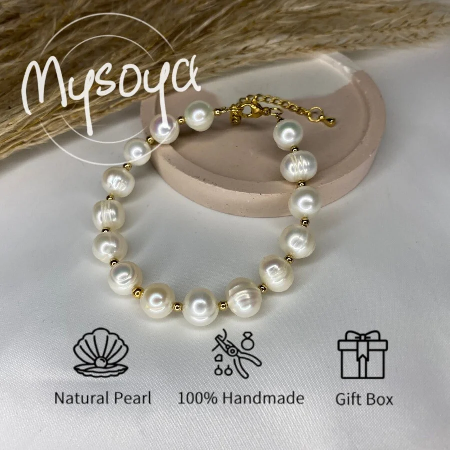 

MYSOYA 9-10 мм браслет из натурального белого пресноводного жемчуга с подарочной коробкой идеально подходит для дня рождения, свадьбы, рождественского подарка, ювелирные изделия