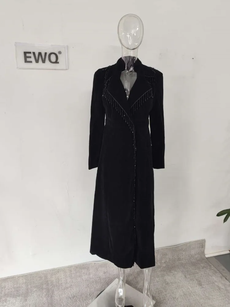 Imagem -03 - Ewq-vestido Monocromático de Veludo com Borla para Mulheres Patchwork Entalhado Cintura Alta Estilo Doce Vestidos Novos Outono 2023 2023