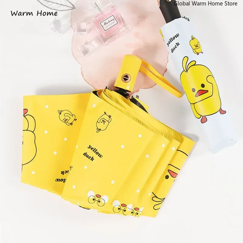 Weatherproof Automatic Umbrella Cute Little Yellow Duck Sunny Rain Umbrella Sunscreen Cartoon Folding Umbrella Rain Women Man