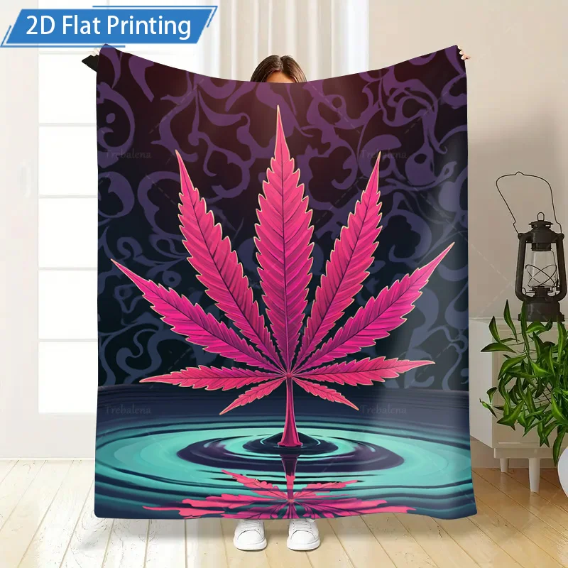 1pc Flannel Blanket Psychedelic Pink Weed Leaf Blanket, Water Ripple Design, Boho Home Decor