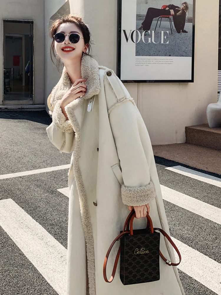 LANMREM Fashion Thicken Wram Lamb Wool Overcoat Women Lapel Long Sleeve Pockets Mid Length Coat 2024 New Spring Autumn 2Q1411