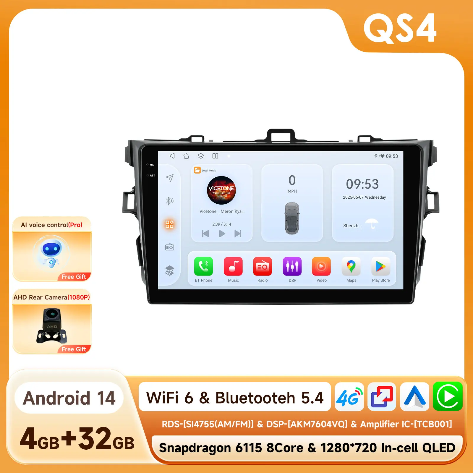 Autoradio voor Toyota Corolla 2007-2011 Autoradio Stereo 6115 Draadloze CarPlay Multimedia Speler GPS navigatie DSP RDS 9 inch 4G