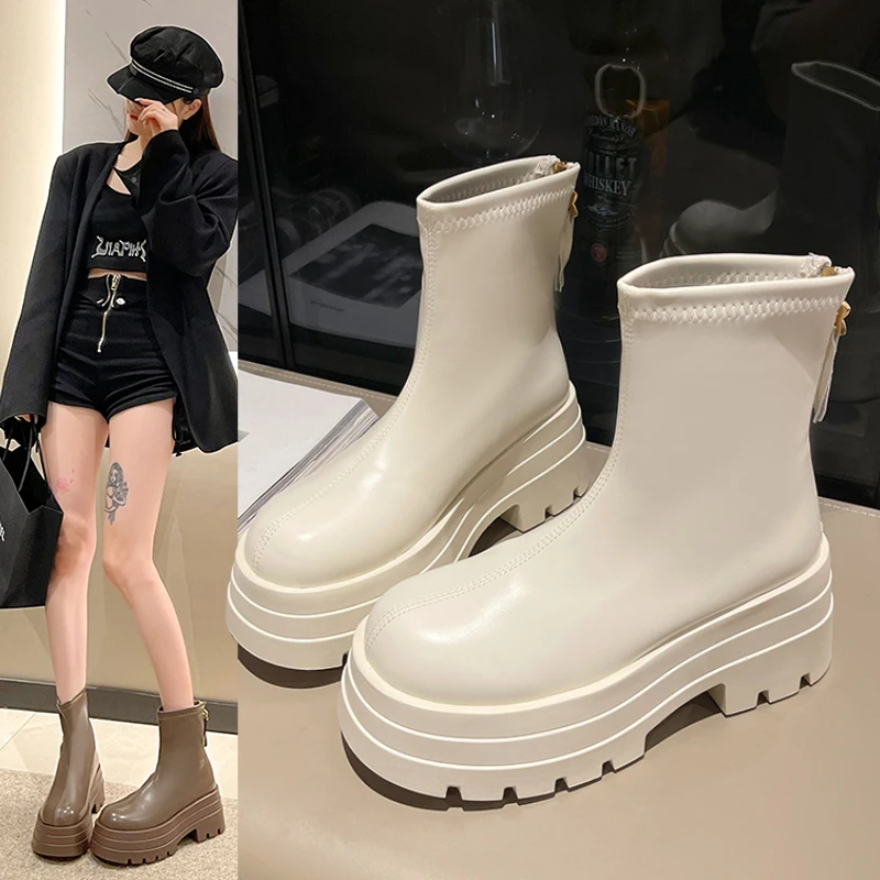 PU Leather Chunky Platform Ankle Boots 2024 Women Back Zipper Thick Heeled Short Boots Woman Black Punk Boots Ladies D113