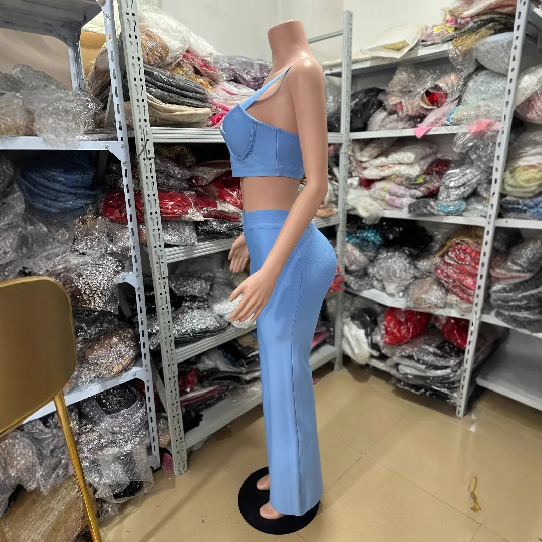 Conjunto de 2 piezas de venta de fábrica, traje de vendaje para mujer, Top corto con corpiño y pantalones largos acampanados, trajes de fiesta para Club de calle alta