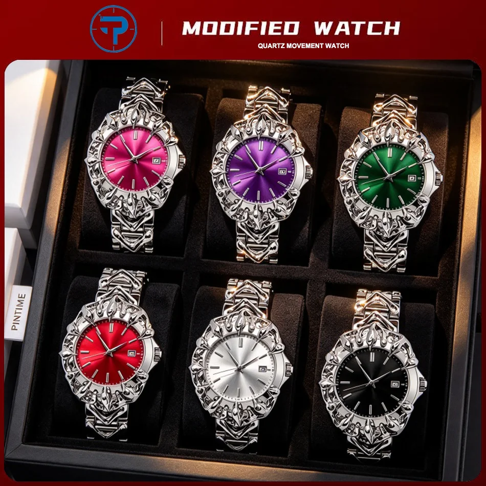 Mens Quartz Wristwatch Irregular Claw Bezel Six Colors Sunray Dial, Metal Bracelet Zinc Alloy Case Gothic Vintage Unique