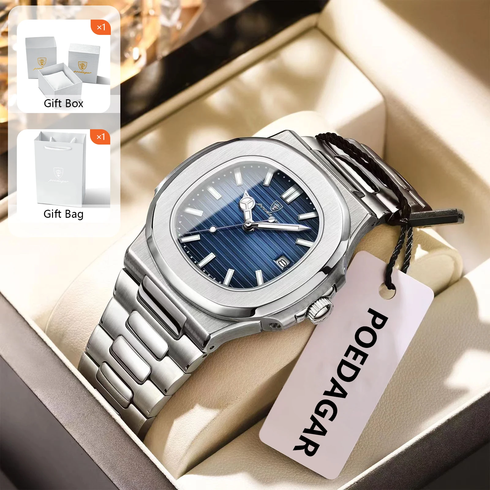 

POEDAGAR Fashion Square Men Wristwatch Waterproof Luminous Date Stainless Steel Man Watch Business Quartz Men's Watches+Box Gift