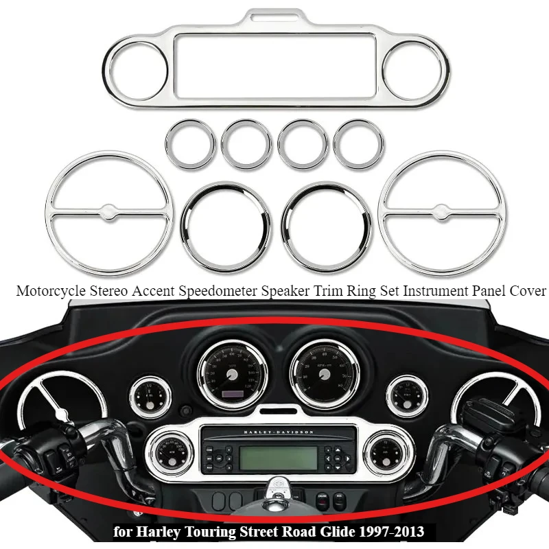 Motorcycle Stereo Accent Speedometer Speaker Trim Ring Set Instrument Panel Cover for Harley Touring Street Road Glide 1997-2013