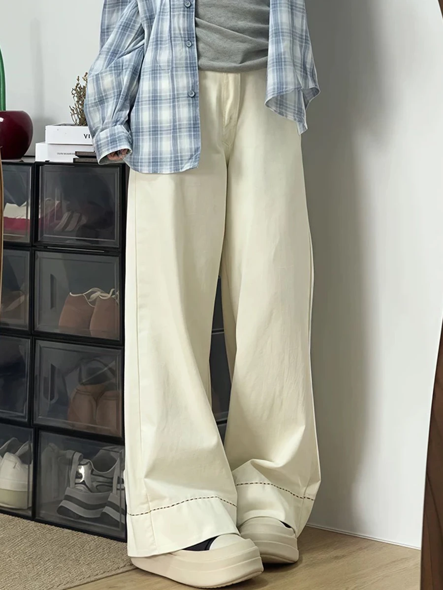 

Женские джинсы больших размеров в американском стиле, светло-бежевые, свободные, с высокой талией, прямые, широкие штанины, весна-осень