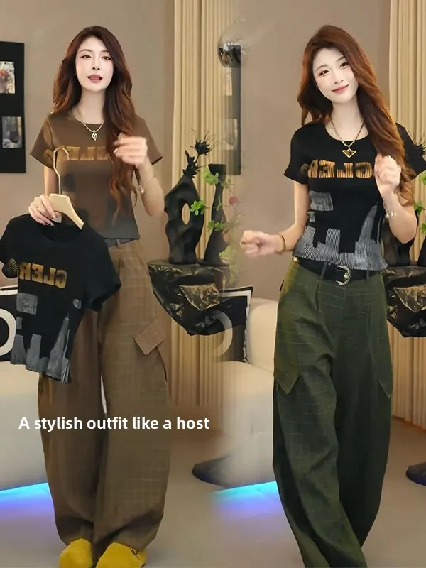 

American Casual Sports Style Women's Set Summer New Letter Print Short Sleeve T-Shirt Wide Leg Pants Two-Piece Set