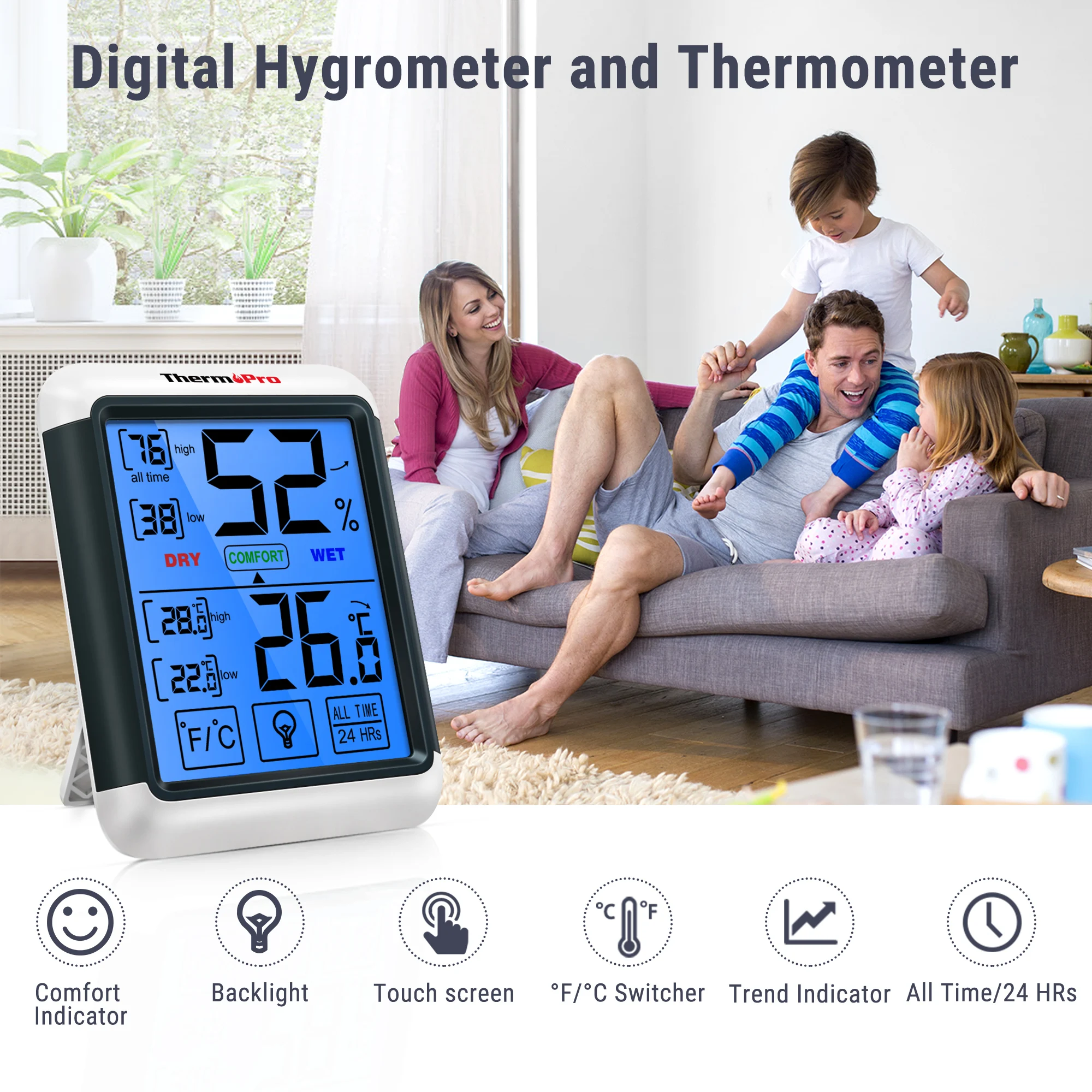ThermoPro TP-55 Indoor Thermometer Hygrometer Humidity Monitor Touch Backlit LCD Comfort Level for Home Bedroom Greenhouse